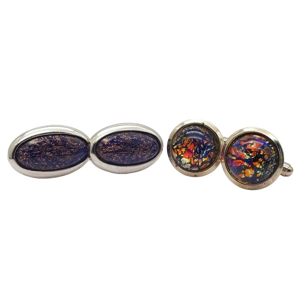 Retro Blue Goldstone & Confetti Foil Cufflinks Silver Tone Art Glass Shields Vtg
